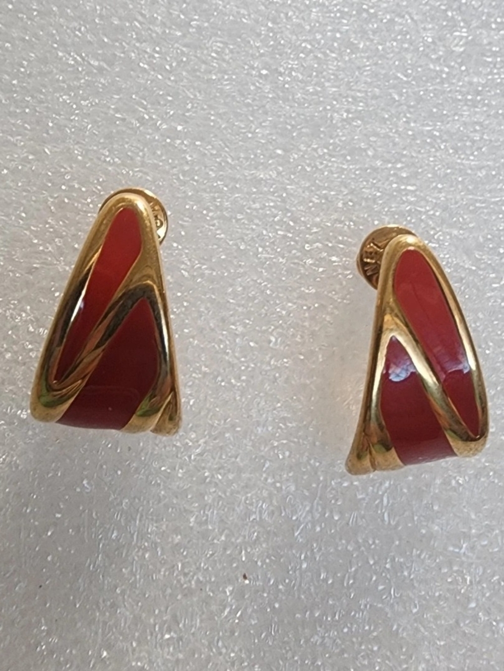 Monet Red Enamel Gold Tone Geometric Pierced Earrings Vintage
